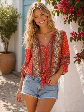West Kei Red Boho Tie-Front Printed V-Neck Blouse